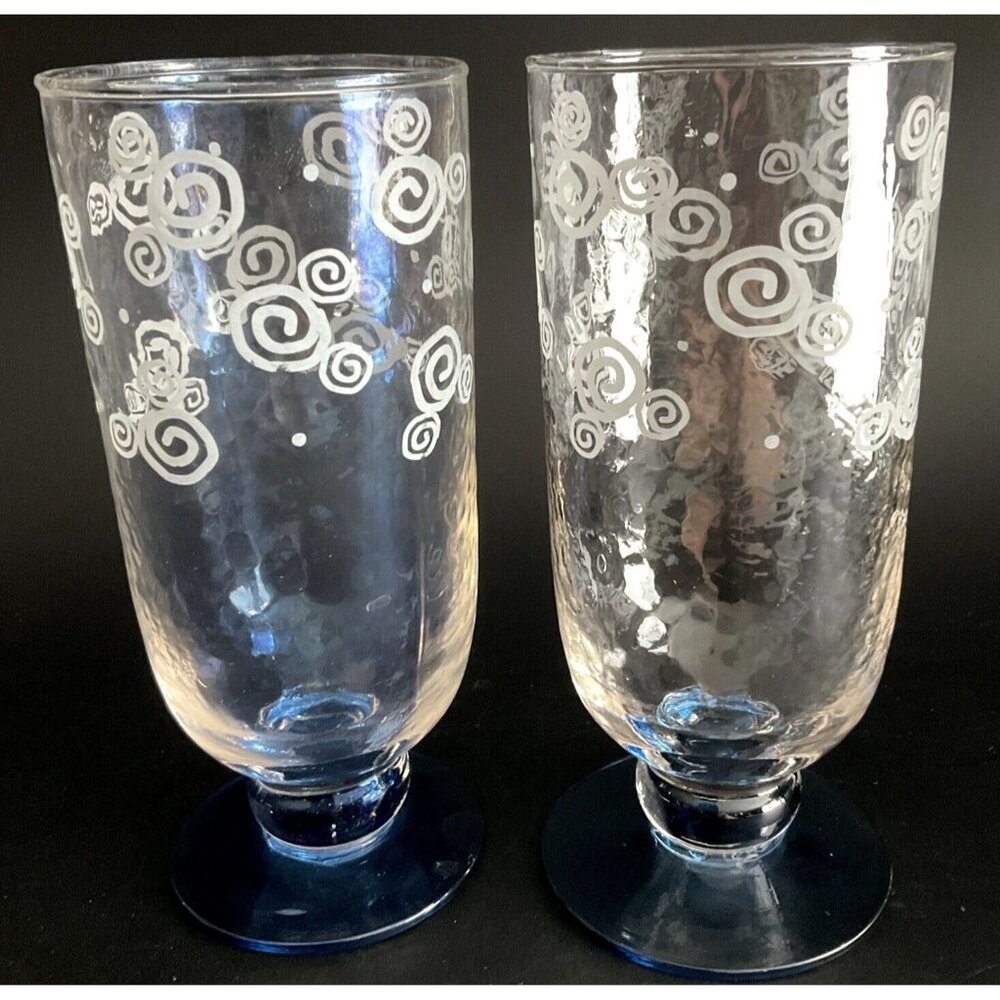 Set 2  Mickey Mouse 6 7/8" Iced Tea Glasses Blue Stemmed Clear White Ears EUC